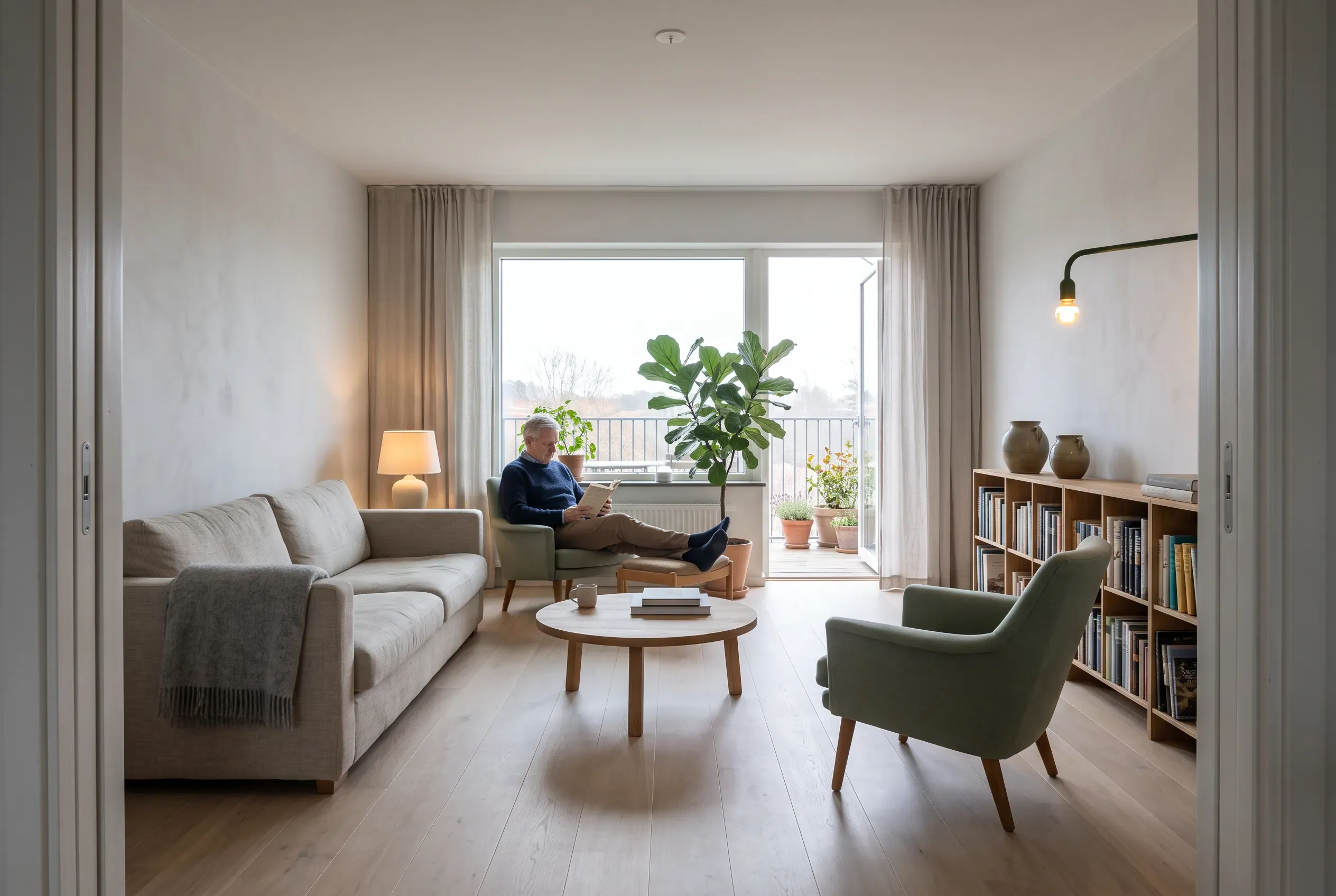 Salon apartamentu z lnianą sofą i wyjściem na balkon bez progu; mężczyzna po sześćdziesiątce czyta w fotelu